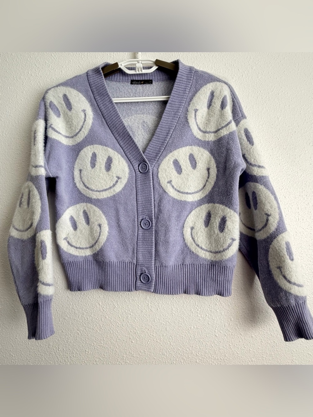 Nikka K Smiley Face Cardigan Sweater Juniors XS Lavender Y2K Button Front 💜
